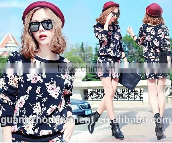 New Winter Women Brand Fashion Long-sleeved Tops + Shorts Floral Track Suit photo-3