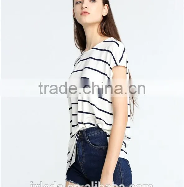 European American Style Leisure Loose Knitting Minimalism Round Collar Short Sleeve Stripe T-shirt photo-5