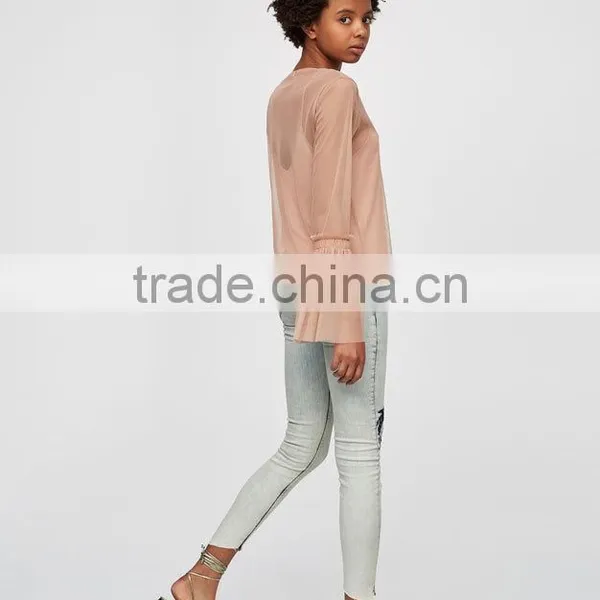 Wholesale Woman Fashion Ruffle Flounced Sleeve Soft Mesh Lady Tops photo-4