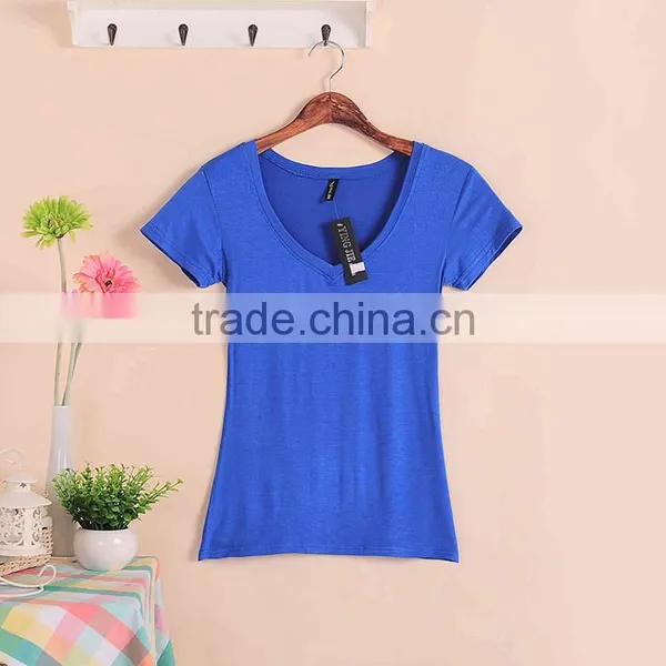 New Fashion Stretch Summer Women T Shirts Ms Solid Color Short Sleeve 100% Cotton v Neck t Shirt Women's Blank V-Veck T-Shirts photo-4