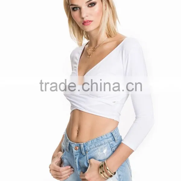 Latest New Design v Neck Crop Top Plain Wholesale Long Sleeve Women Crop Top photo-2