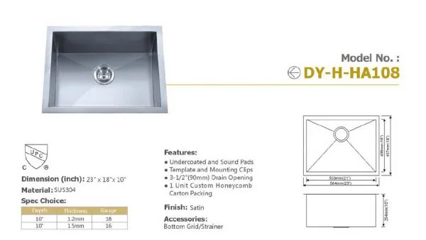 Guangdong Dongyuan Kitchenware 2318 Zero Radius Stainless Steel Single Bowl Kitchen Sinks photo-2