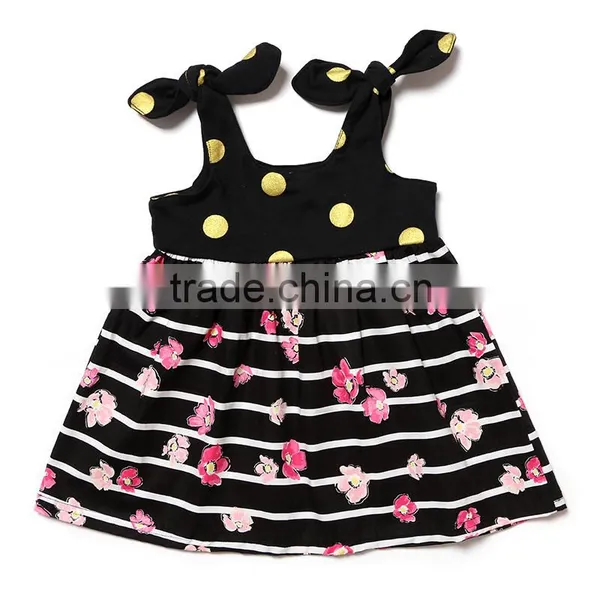 Beautiful Striped Black Dress Pink Flower Printed With Yellow Spot Frocks Design Wedding Party Dresses for Baby Girls photo-2