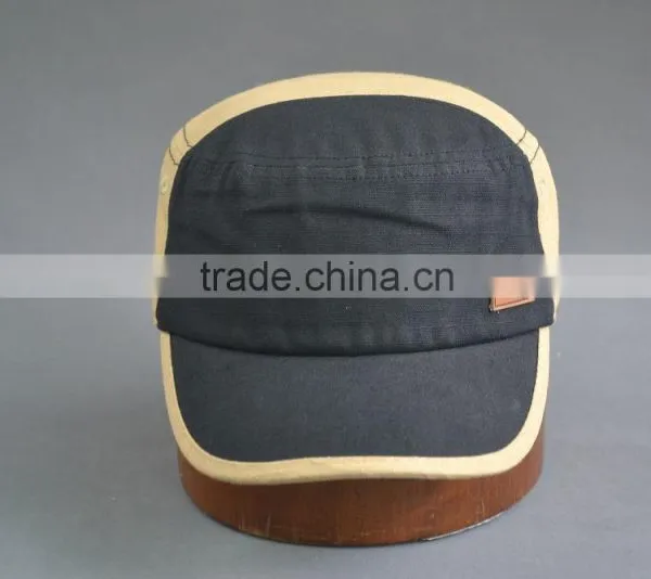 100% Cotton Canvas Army Cap With Embossed pu Leather photo-2