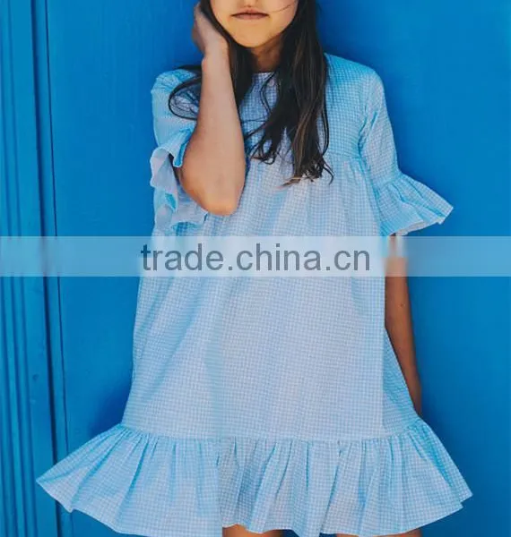 Sky Blue Plaid New Model Girl Dress Fashion Childrens Plus Size Dresses photo-3