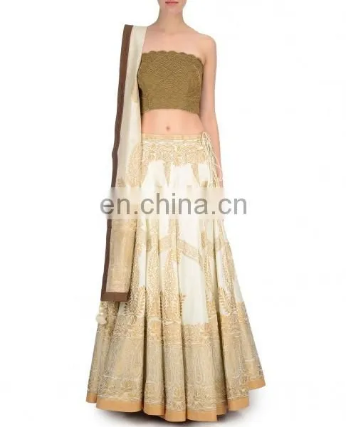 Beige Paisley Block Print Lengha Set