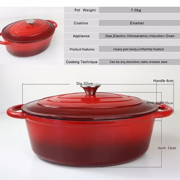 Oval Shape Induction Casserole Soup Pot Cast Iron Enamel Cooking Pot Cast Iron Enameled Casserole Oval Iron Dutch Oven photo-2