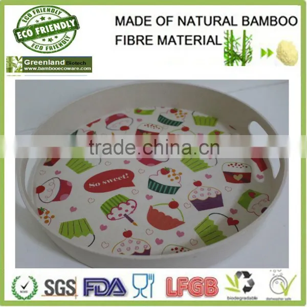 Serving Colorful Printed With Handle Ear Bamboo Fibre Eco-friendly Drinking Tray, Bamboo Beauty Tray for Party