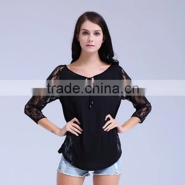 Women Slub Jersey Knit Blouse With Lace Sleeves