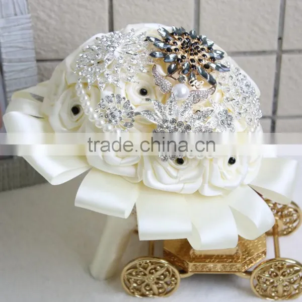 Excellent Wedding Bouquet Handmade Wedding Silk Roses Bouquet With Jewels Crystals photo-3