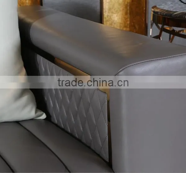 Artistic Grey Color Genuine Leather Living Room Sofa, Golden Color Stainless Steel Coffee Table With Marble Top(MOQ=1 SET) photo-3