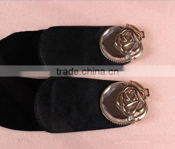 Wholesale Stone Inlaid Flower Pattern Buckle Sex Women Lady Wide PU Waist Belt photo-3