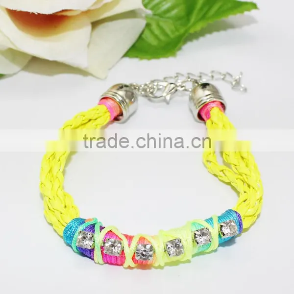 Clear Crystal Chain on Woven Leather Friendship Bracelet Rhinestone Chain Hand Woven in Silk Cord Boho Chic Trendy Bracelet photo-2