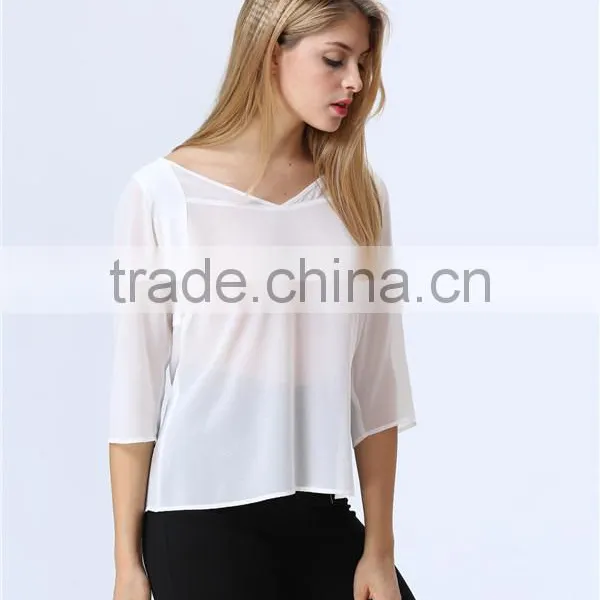 See-through White Chiffon Three Quarter Sleeve Casual Loose Blouse/Top for Ladies/Women photo-2