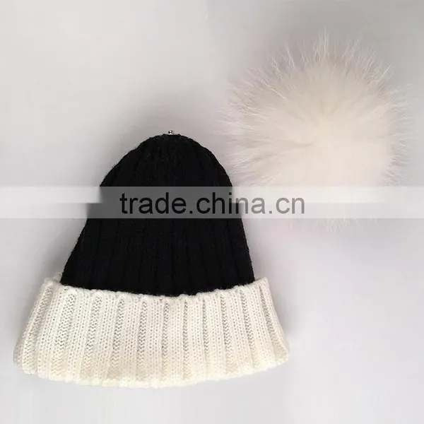 Myfur Bi-Color Black/White Genuine Raccoon Fur Pom Puff Wool Acrylic Ladies Beanie photo-3