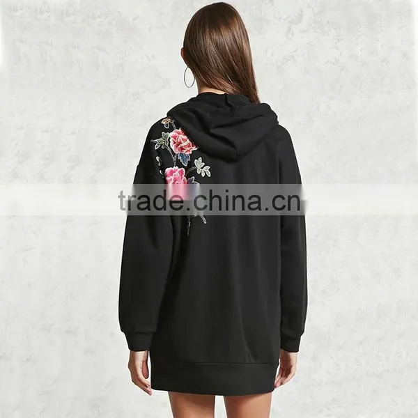 High Quality Windproof Blcak Embroidered Floral Hoodie Womens Long Jackets photo-4