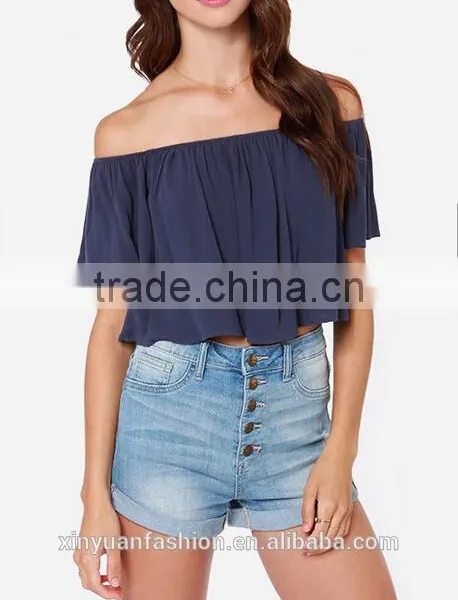 2017 Wholesale Womens Custom off Shoulder Ruffle Top Solid Color photo-5