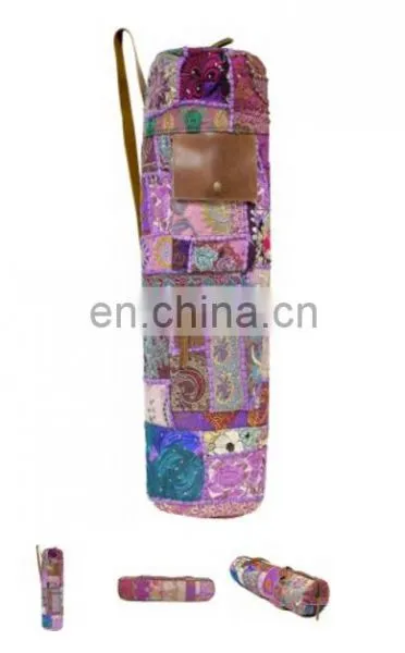 LEATHER Cross Body Yoga Bag Purse Banjara Style Yoga Bag Yoga Met Bag Ethnic Hand Embroidered Vintage INDIAN Kantha YOGA Mat Bag photo-5