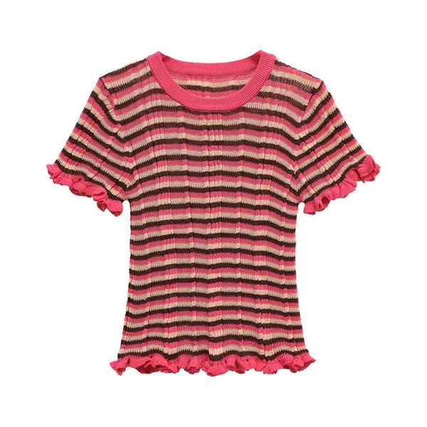 2025 New Summer Korean Version Simple Style Striped Round Neck Layered Decorative Striped T-shirt photo-2