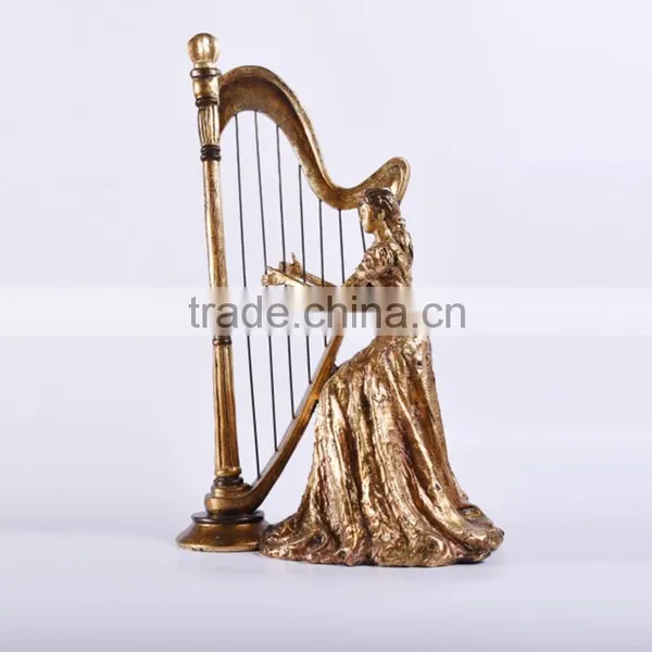 Resin Girl Statue Playing the Harp for Home Ornaments