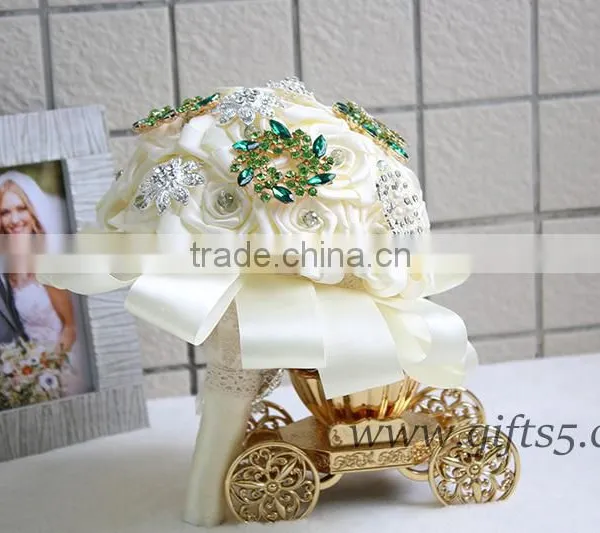 Romantic Wedding Bouquet Full of Crystal Beads and Green Brooches photo-2