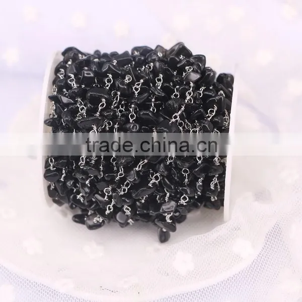 Rosary Chain Black Agate Chips Bead Free Form Chains Silver Plated Chain photo-3