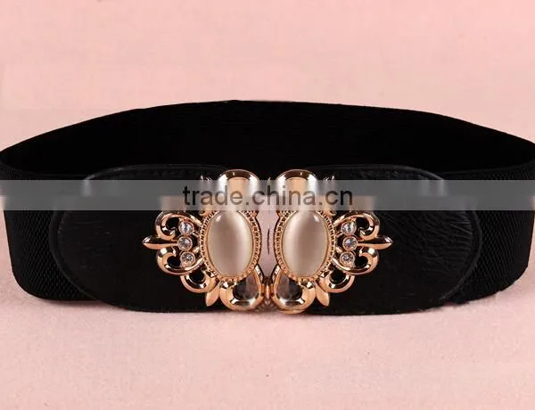 Wholesale Opal Stone Inlaid Flower Pattern Alloy Buckle Sex Women Lady Wide PU Waist Belt photo-2