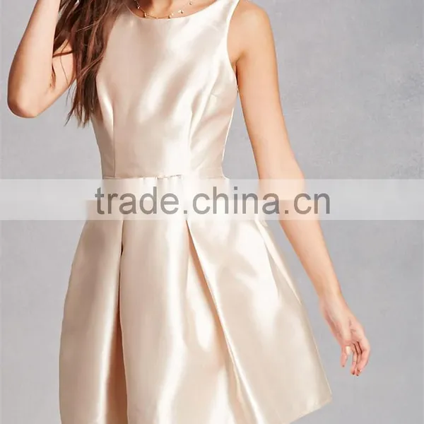 New Cheap Fashion Round Neck Sleeveless On-seam Pockets Pleated Taffeta Dress