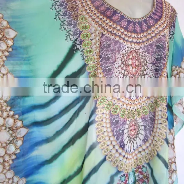 Printed Digital Crystal Embellished Lace up Kaftan CAFTAN Tunic Poncho Blouse photo-2