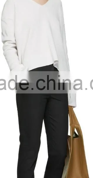 Women Wearing Sexy Design V Neck Blank White Sweater With Rolled Cuffs With Buttons photo-4