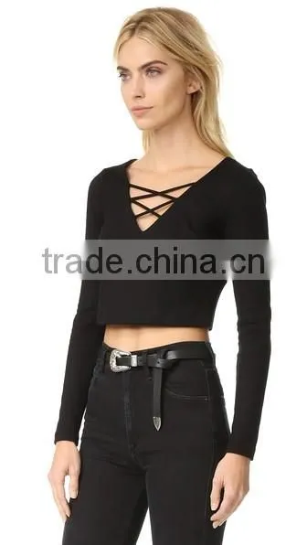 OEM Seriver Women T Shirt Black Soild Color Cotton Jesery V Necklace T Shirt photo-2