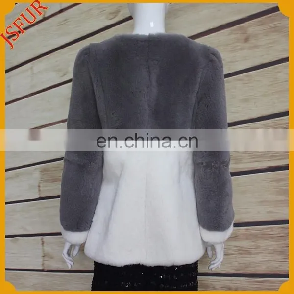 Bi-color Slim Design Women Coat Real Fur Coat With Genuine Rabbit Fur photo-4