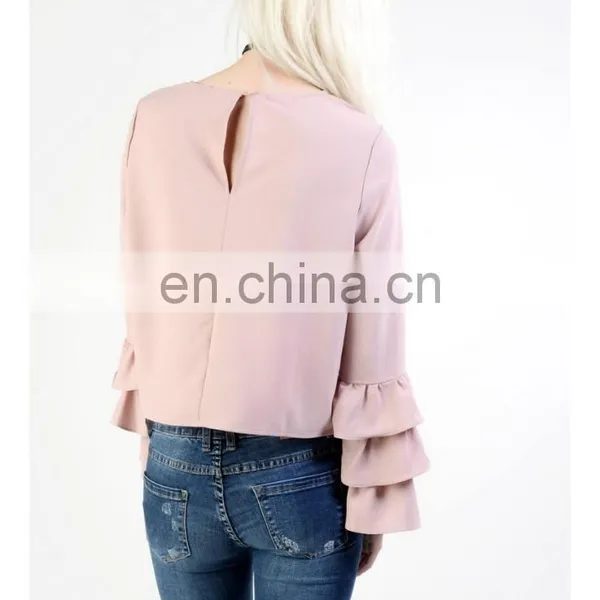Latest Ladies Tops And Blouses Latest Design Light Pink Ruffle Sleeve Blouse photo-2