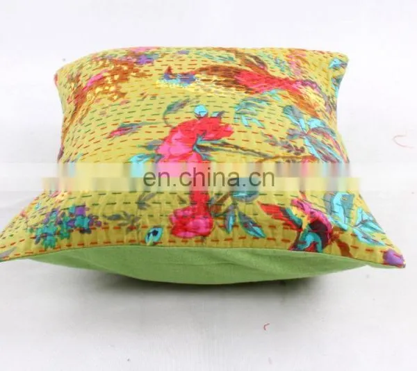Indian Cotton Handmade Yellow Paisley Decorative Kantha Quilted Cotton Throw Pillow Cover Hand Stitched Kantha Cushion Cover photo-3