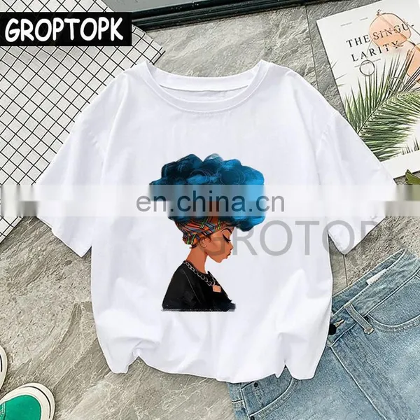 Cool Melanin Black Girl Personalized Digital Printing White Round Neck T-shirt European and American Trend