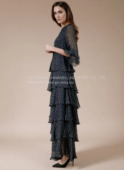 Ladies' 100%silk Chiffon Short Sleeve Ruffler Edge Print Dress photo-2