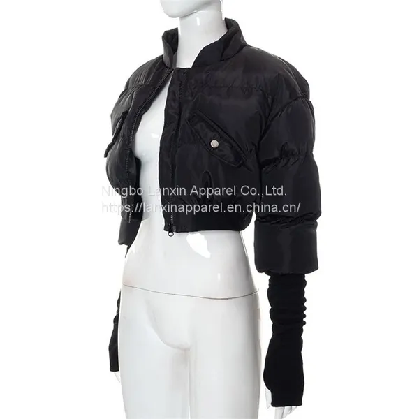 Womens CROPPED QUILTED PUFFER JACKET Thumb Hole Long Sleeve Sexy Casual Zip Up Winter Padding Short Bomber Coat photo-2