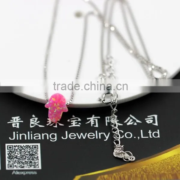 High Quality Synthetic Pink Opal Hamsa/Hand Opal 18K Gold Plated 925 Sterling Silver Box Chain Necklace Made in China photo-2