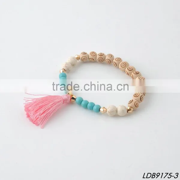 Turquoise Stone Bead Spiritual Wooden Bead Bracelet With Tassel photo-3
