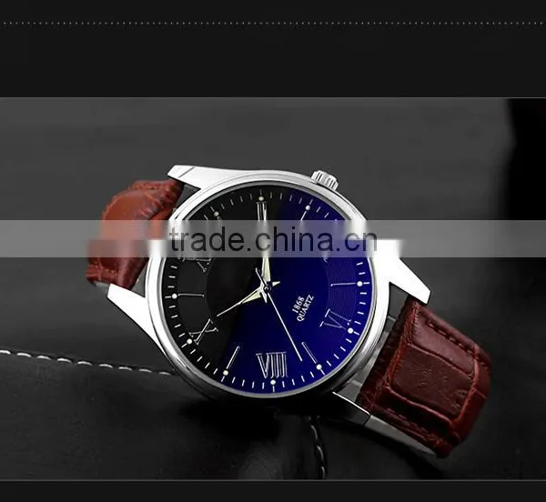 High Class Bule Dial Alloy Case Genuine Leather Band With Night View Men Fashion Watches photo-3