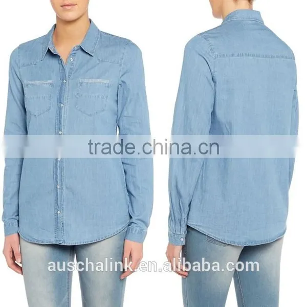 2016 New Arrival Ladies Long Sleeve Blue Denim Shirt OEM Service photo-5