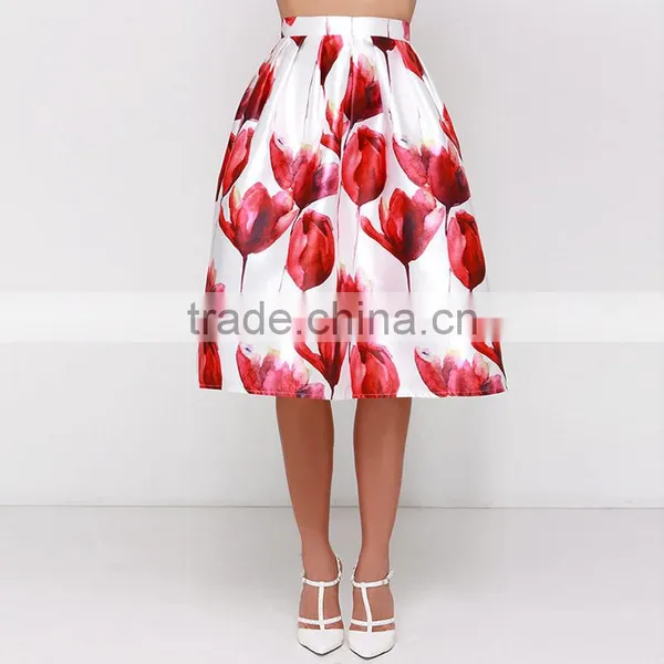 MGOO 2016 Imported OEM Services Red Color Ball Umbrella Skirts For Women Lily Flowers Print Skirt 15145B331 photo-3