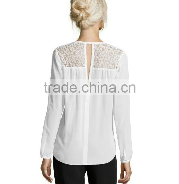 100% Polyester Long Sleeve v Neck Blouse Hi-low Woman Blouse photo-5