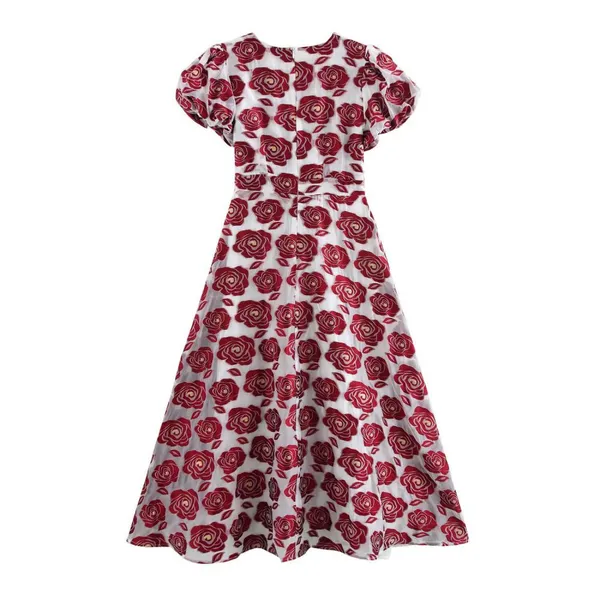 Women's Temperament Heavy Jacquard Pullover V-neck Bubble Sleeve Long Dress photo-2