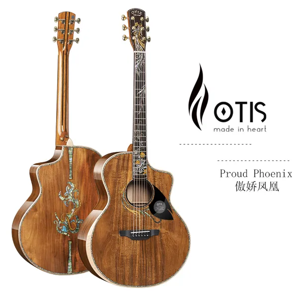 Горячее предложение! Отличный акустический гитара OTIS Proud Phoenix размером 41 дюйм, полностью из цельного дерева (с накладкой из акации Мангиум, с использованием отобранного старого эбенового дерева) с мозаикой из ракушки абалоня
