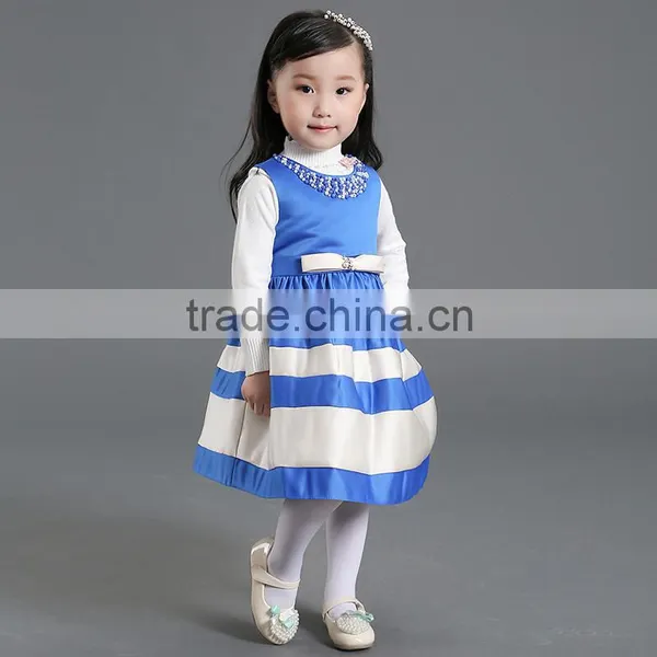New Fashion Best-selling Short Sleeve Bead Blue Dress Children Wholesale1-12y