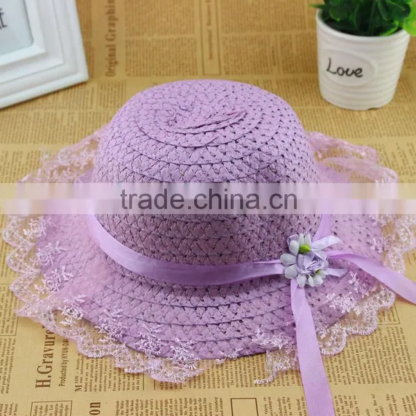 Cute Summer Child Girls Straw,Floppy Flower Beach Hat With Lace Embellishment photo-5