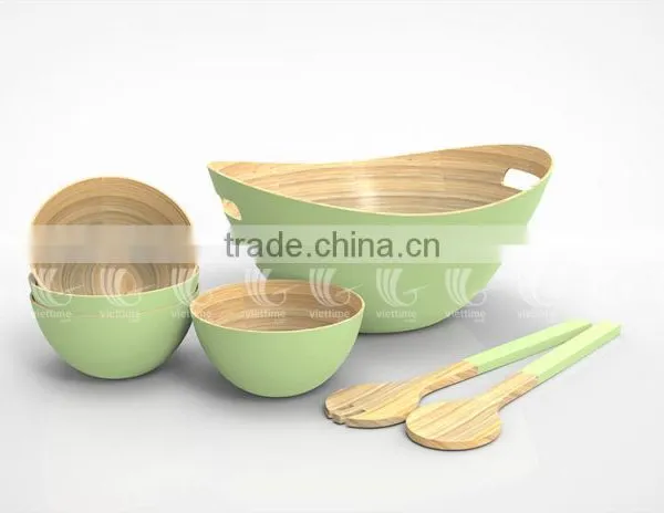 Handmade Bamboo Salad Bowls With New Color, Set Lacquered Bamboo Bowls and Spoons photo-6