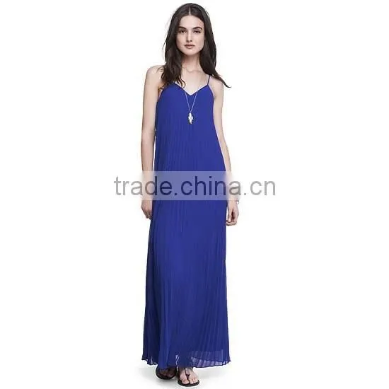 Woman Spagetti Straps Chiffon Pleated Long Maxi Summer Dress