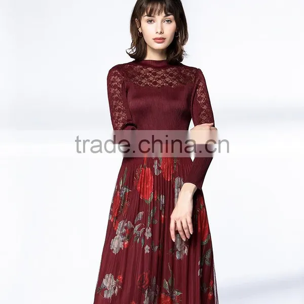 Pleat Large Sized Spring Lace Splicing Printed Dress for Women photo-6